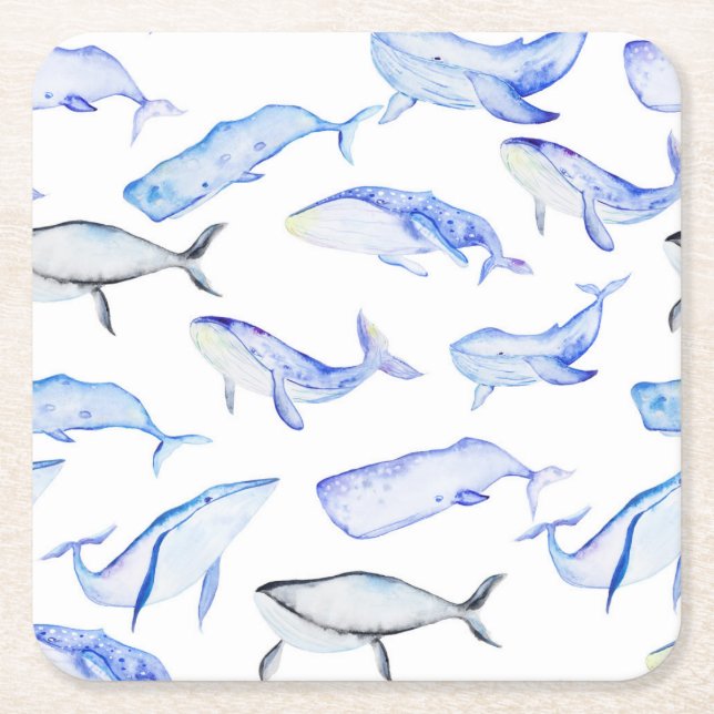 Watercolor Blue Whale Pattern Square Paper Coaster (Front)