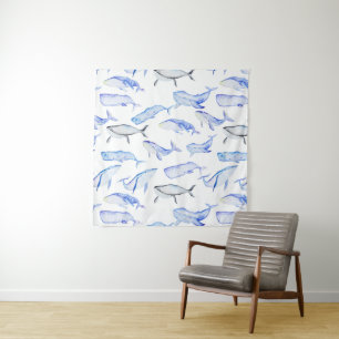 Watercolor Blue Whale Pattern Tapestry