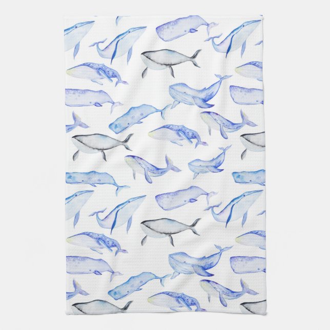 Watercolor Blue Whale Pattern Tea Towel (Vertical)