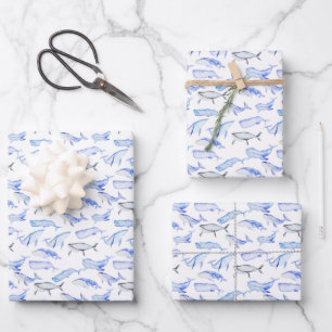 Watercolor Blue Whale Pattern Wrapping Paper Sheet