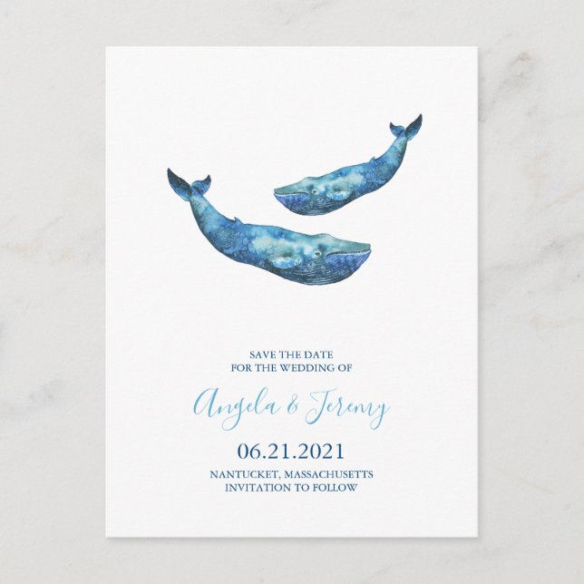 Watercolor Blue Whale Save the Date Announcement Postcard (Front)