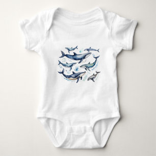 Watercolor Blue Whales and dolphins , sea animal Baby Bodysuit