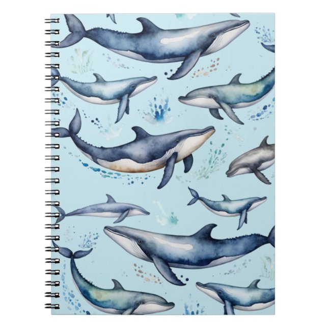 Watercolor Blue Whales and dolphins , sea animal   Notebook (Front)