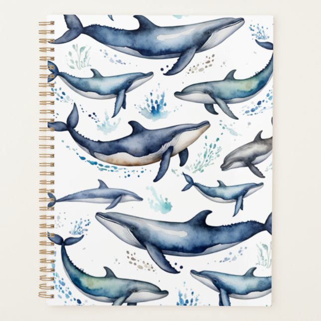 Watercolor Blue Whales and dolphins , sea animal   Planner (Front)