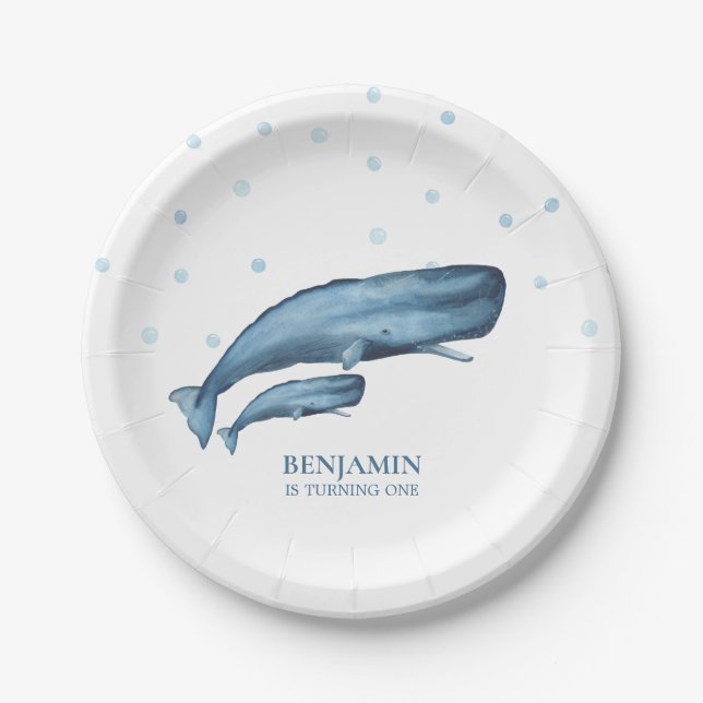 Watercolor Blue Whales & Bubbles Ocean Birthday Paper Plate (Front)