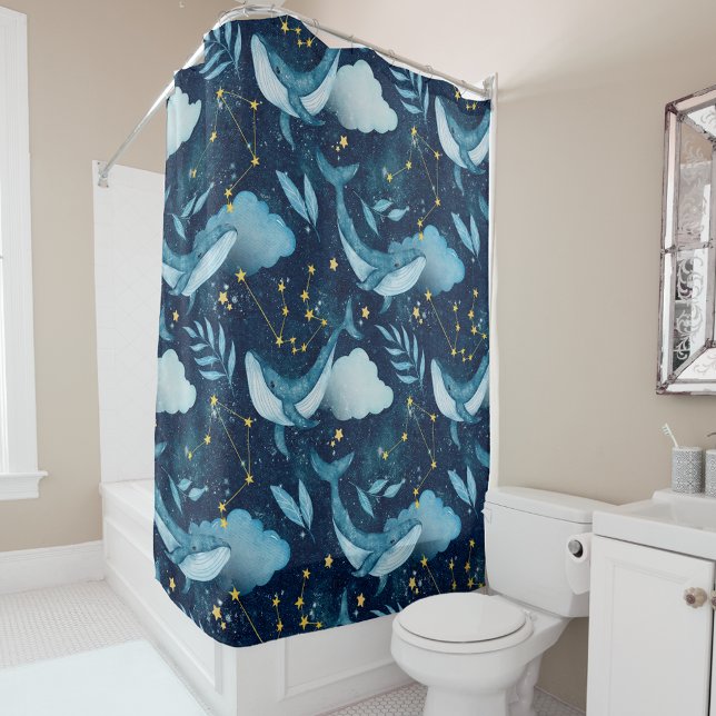 Watercolor Blue Whales Ocean-Themed Shower Curtain (Creator Uploaded)