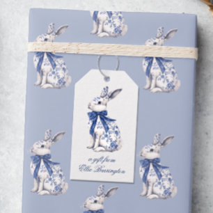 Watercolor Blue & White Chinoiserie Bunny Rabbit Gift Tags