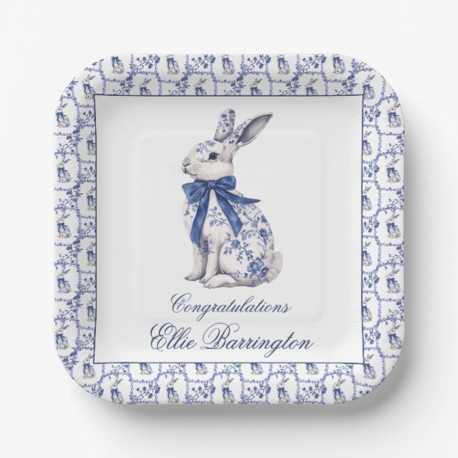 Watercolor Blue & White Chinoiserie Bunny Rabbit Paper Plate (Front)