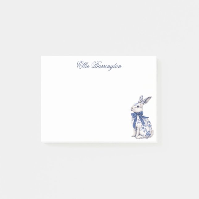 Watercolor Blue & White Chinoiserie Bunny Rabbit Post-it Notes (Front)