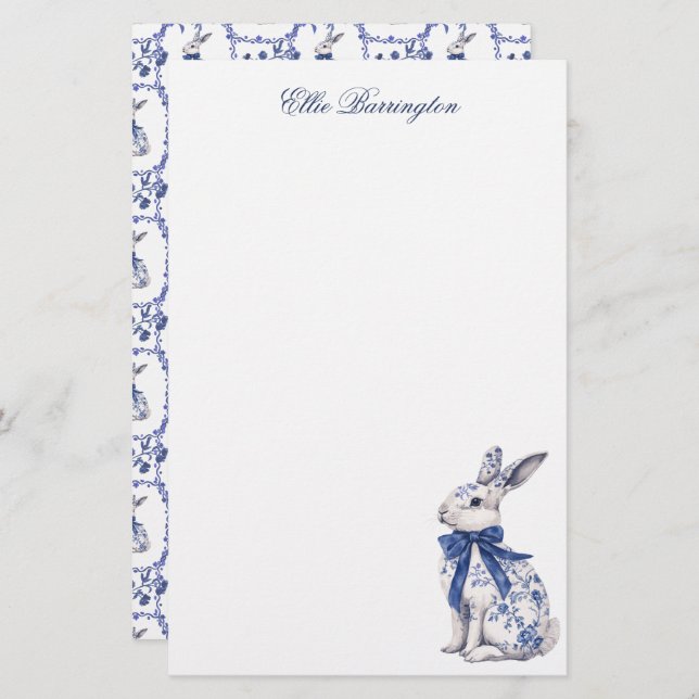 Watercolor Blue & White Chinoiserie Bunny Rabbit Stationery (Front/Back)