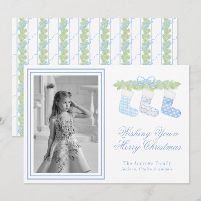 Watercolor Blue & White Christmas Stockings Photo Holiday Card (Front/Back)