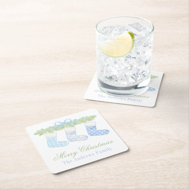 Watercolor Blue & White Christmas Stockings Square Paper Coaster (Insitu)