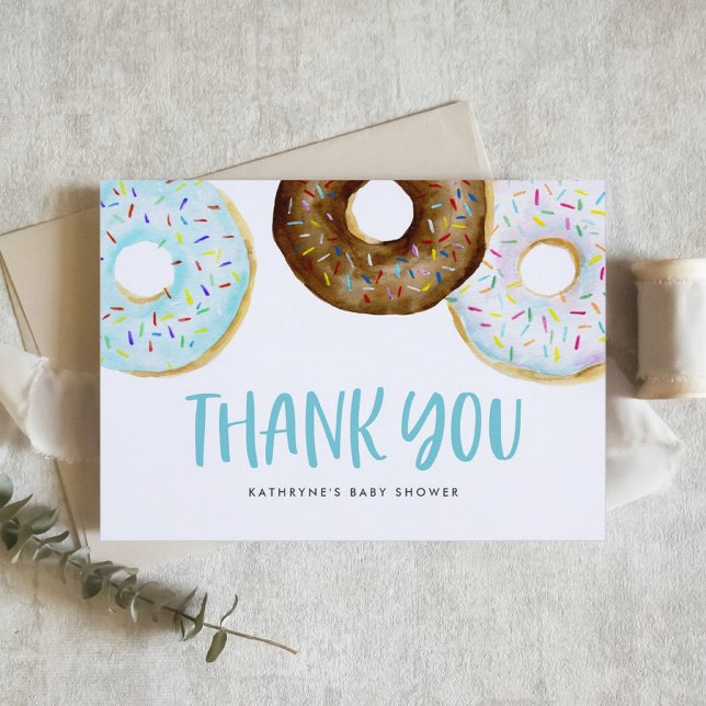 Watercolor Blue & White Doughnuts Baby Sprinkle Thank You Card (Customizable thank you card featuring watercolor sprinkles donuts. Perfect for all events. )