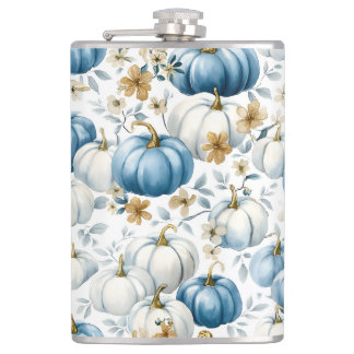 WATERCOLOR BLUE & WHITE FALL AUTUMN PUMPKINS HIP FLASK