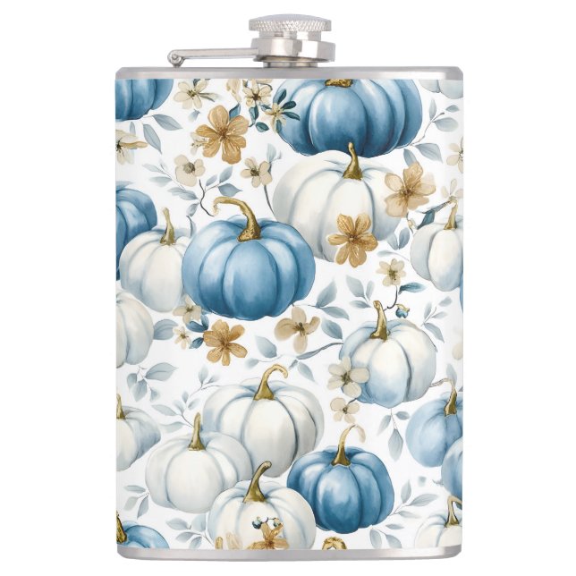 WATERCOLOR BLUE & WHITE FALL AUTUMN PUMPKINS HIP FLASK (Front)