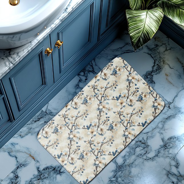 Watercolor Blue White Floral Pattern Bath Mat (Creator Uploaded)