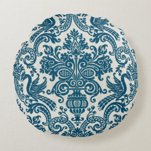 Watercolor Blue & White Floral Vintage Pattern Round Cushion