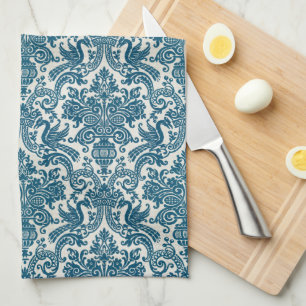Watercolor Blue & White Floral Vintage Pattern Tea Towel