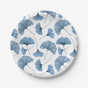 Watercolor Blue & White Gingko Foliage Pattern Paper Plate