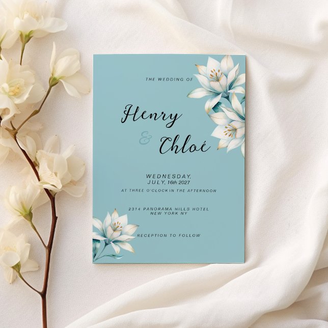 Watercolor blue white gold lily floral Wedding Invitation (Watercolor blue white gold lily floral Wedding)