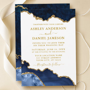 Watercolor Blue White Gold Marble Geode Wedding Invitation