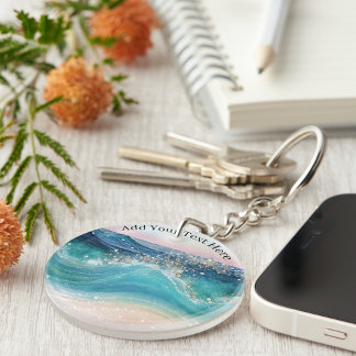 Watercolor Blue White Ocean Wave Custom Photo Name Key Ring