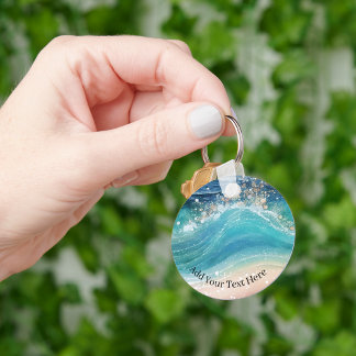 Watercolor Blue White Ocean Wave Custom Photo Name Key Ring