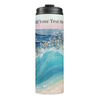 Watercolor Blue White Ocean Wave Custom Photo Name Thermal Tumbler