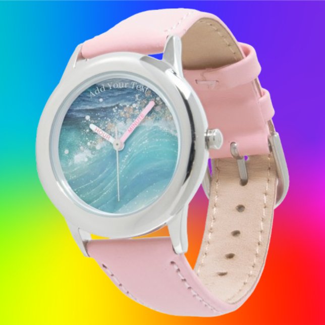 Watercolor Blue White Ocean Wave Custom Photo Name Watch (Creator Uploaded)