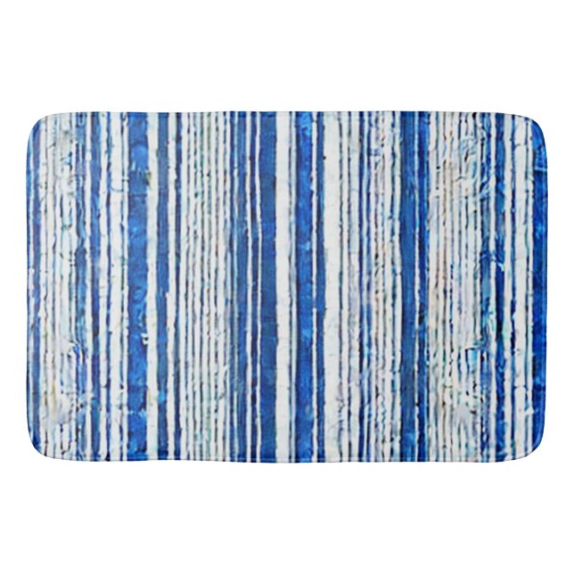 Watercolor Blue White Striped Modern Bath Mat (Front)