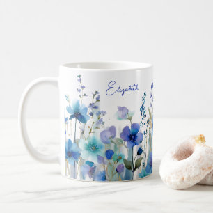Watercolor Blue Wildflower Floral Custom Name Coffee Mug