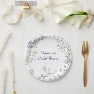 Watercolor Blue Wildflower Frame Bridal Shower Paper Plate