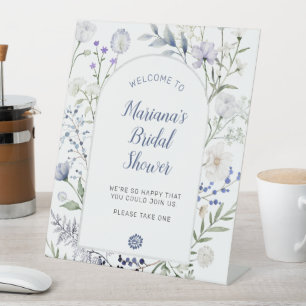 Watercolor Blue Wildflower Frame Bridal Shower Pedestal Sign