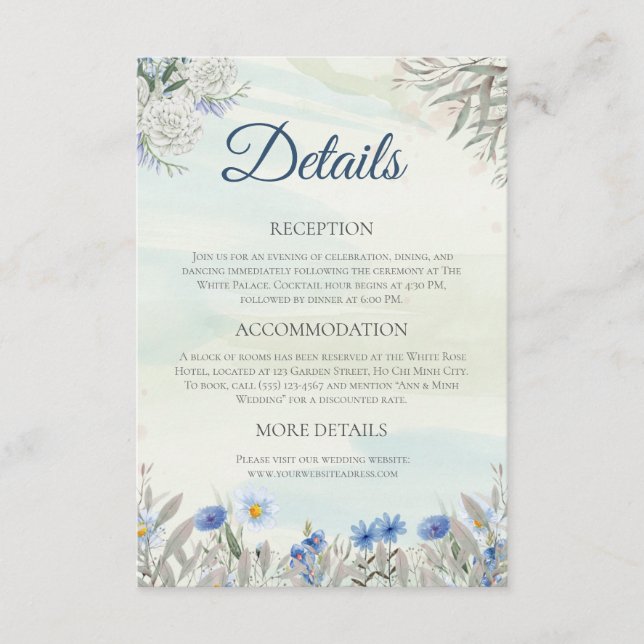 Watercolor Blue Wildflower Wedding Details Card (Front)