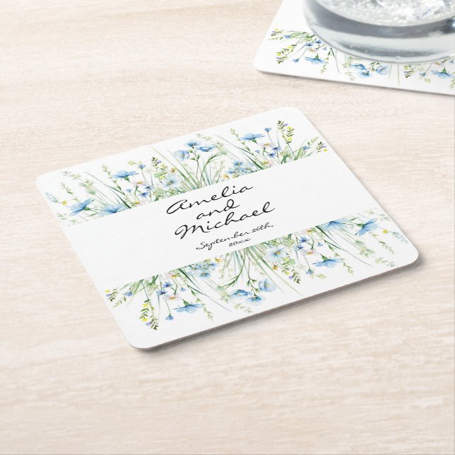 Watercolor Blue Wildflowers Wedding Square Paper Coaster (Angled)