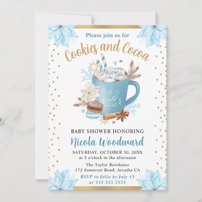 Watercolor Blue Winter Cookies & Cocoa Baby Shower Invitation (Front)