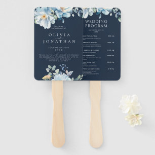 Watercolor Blue Winter Floral Wedding Programs Hand Fan