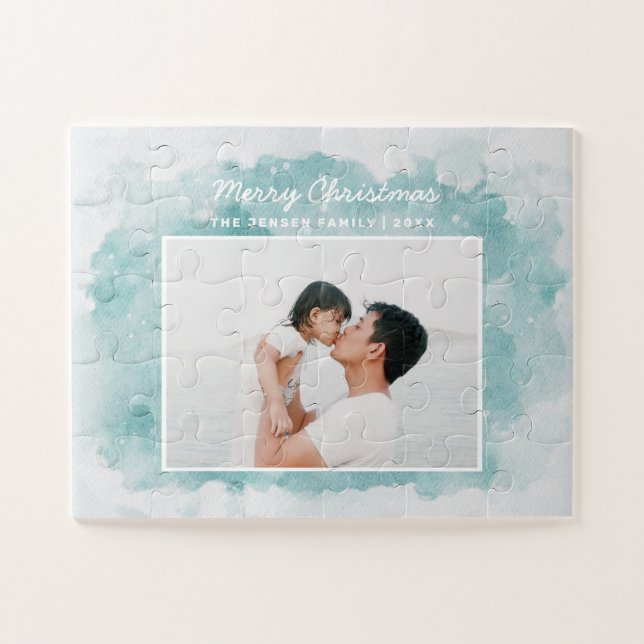 Watercolor blue winter holiday Christmas photo Jigsaw Puzzle (Horizontal)