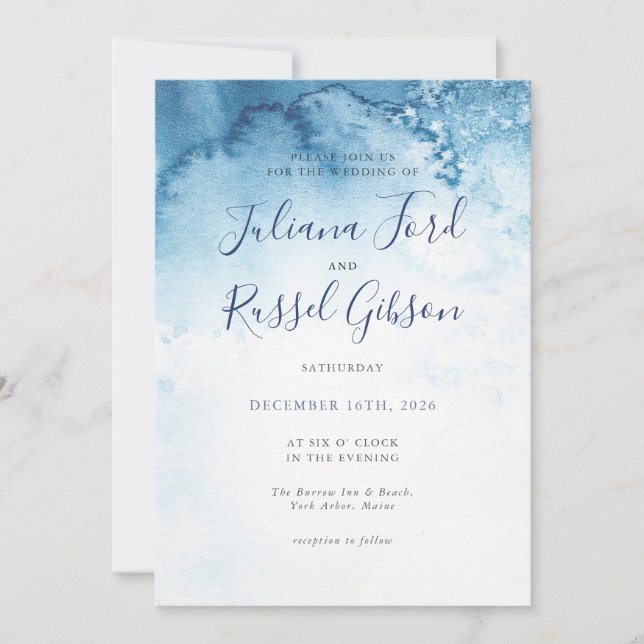 Watercolor Blue Winter Wedding Invitation (Front)