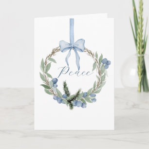 Watercolor Blue Winterberry Wreath Holiday Card