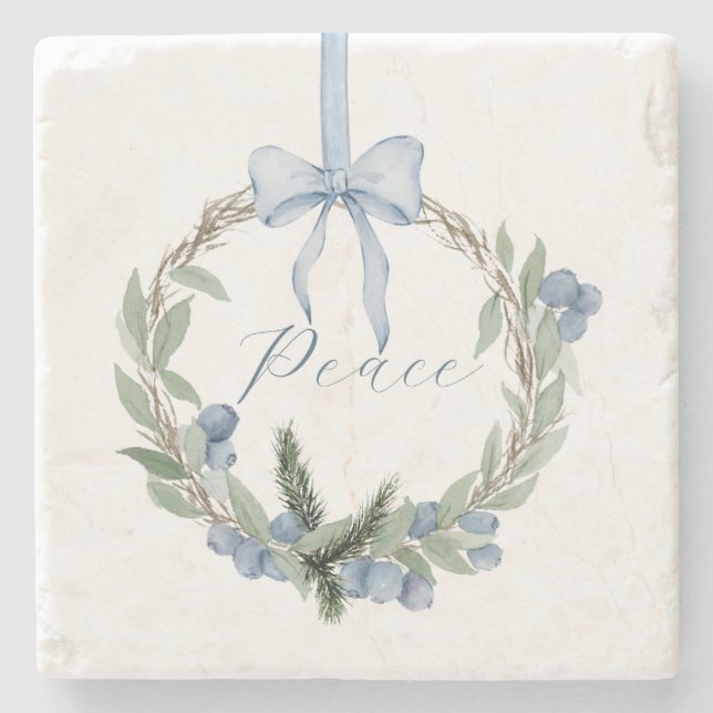Watercolor Blue Winterberry Wreath Stone Coaster (Front)