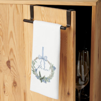 Watercolor Blue Winterberry Wreath Tea Towel