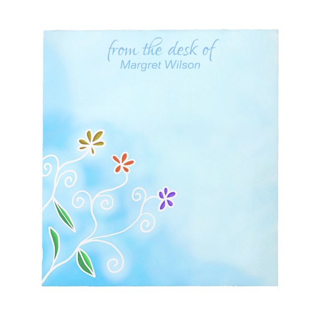 Watercolor Blue with Whimsical Flowers Notepad (Front)