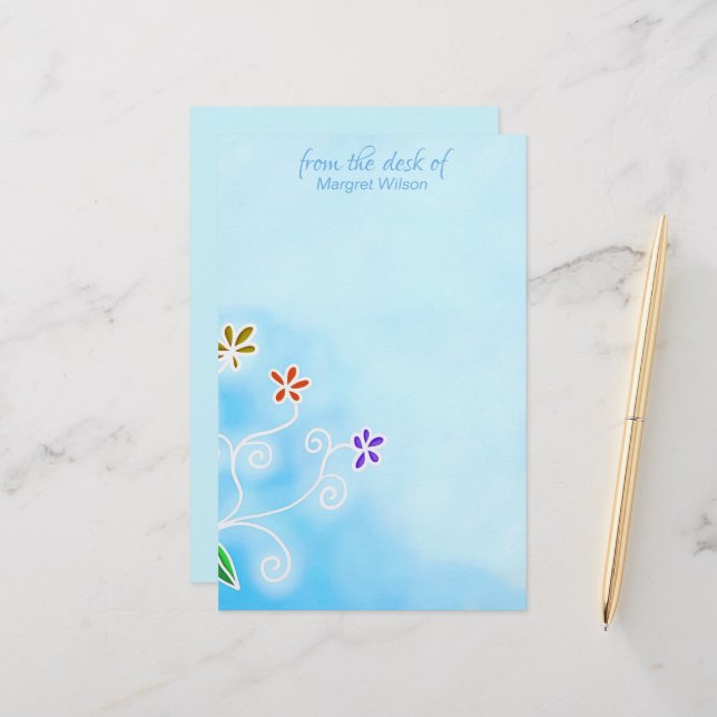 Watercolor Blue with Whimsical Flowers Personal Stationery (Front/Back In Situ)