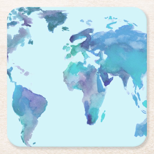 Watercolor Blue World Map Square Paper Coaster (Front)