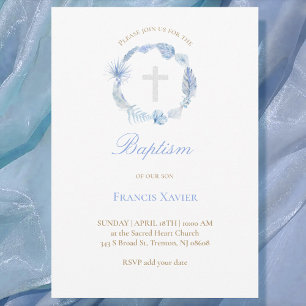 watercolor blue wreath   Baptism Invitation
