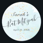 Watercolor Blue x Gold Bat Mitzvah Classic Round Sticker<br><div class="desc">This chic and elegant bat mitzvah sticker features a white background with turquoise blue brush strokes in watercolor and faux gold splatters. Personalise it for your needs. You can find more matching products at my store.</div>