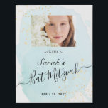 Watercolor Blue x Gold Bat Mitzvah Photo Welcome Faux Canvas Print<br><div class="desc">This chic and elegant bat mitzvah welcome sign/sign in board/canvas art features a white background with turquoise blue brush strokes in watercolor and faux gold splatters. Personalise it for your needs. You can find more matching products at my store.</div>