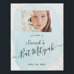 Watercolor Blue x Gold Bat Mitzvah Photo Welcome Faux Canvas Print<br><div class="desc">This chic and elegant bat mitzvah welcome sign/sign in board/canvas art features a white background with turquoise blue brush strokes in watercolor and faux gold splatters. Personalise it for your needs. You can find more matching products at my store.</div>