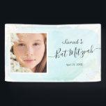 Watercolor Blue x Gold Photo Bat Mitzvah Banner<br><div class="desc">This chic and elegant photo banner features a white background with turquoise blue brush strokes in watercolor and faux gold splatters. Personalise it for your needs. You can find more matching products at my store.</div>